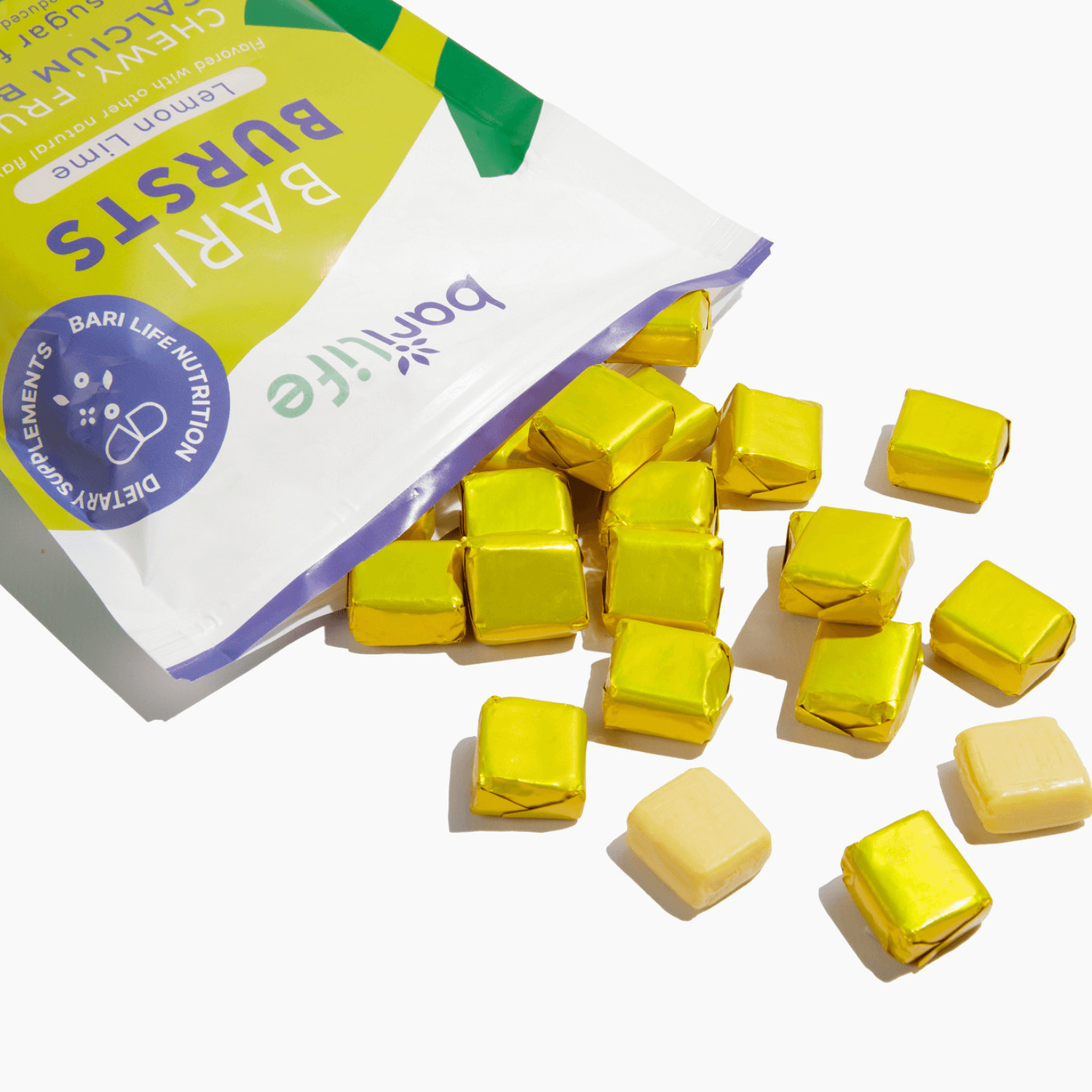 BariBurst Bariatric Calcium Chews in a vibrant packaging with gold-wrapped chews for optimal calcium absorption.